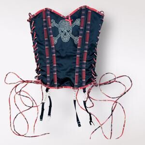 100% Babe y2k punk Black and Plaid Sequined Skull Bustier‎ Corset Top Size 34